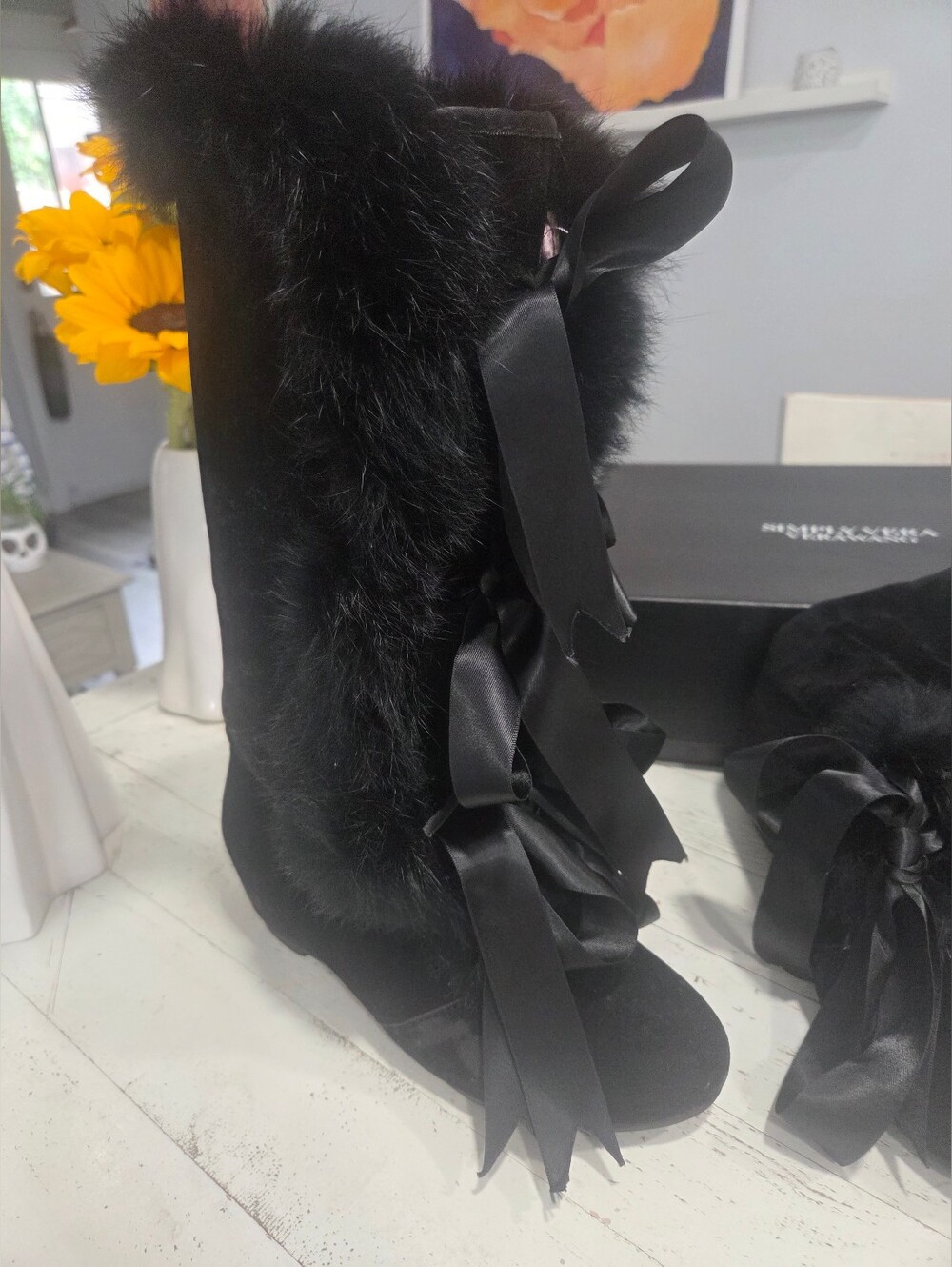 Faux Fur-Trim Black Faux Suede Boots with Satin Ribbon Bows